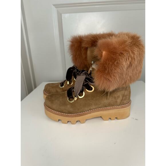 Rachel Zoe VAYL Kid Brown Suede Fur Cuffed Designer Hiking Boots Sz. 6.5 - Picture 4 of 14